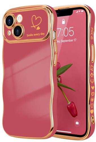 LCHULLE for iPhone 14 Case for Women Girls,Cute Curly Wave Frame Shape Love Heart Pattern Phone Case,Raised Camera Protection Luxury Plating Shockproof Cover for iPhone 14 6.1,Faint Red