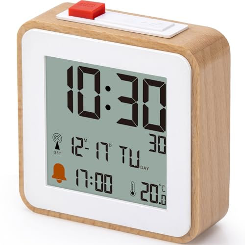 VINILITE Digital Radio Alarm Clock with Temperature Display, Atomic Timekeeping, Snooze Function, Backlight, Bamboo Frame, Battery Operated, 7.8 x 7.8 cm
