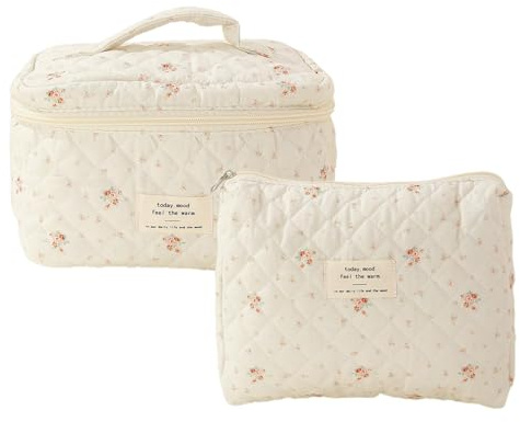 Lot de 2 Sac Cosmétique de Voyage | Trousses de Maquillage esthétiques matelassées en Coton pour Femme | Motif Floral Grand Capacité Trousse de Toilette pour Voyage pour Femme Fille