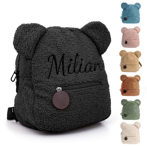 Generisch Personalisierte Kinder Rucksack, Gestickt Kindergartenrucksack Mädchen Und Jungen, Teddy Rucksack Kleinkind Mit Namen Mini Baby Rucksack Kita Und Kindergarten (Schwarz)