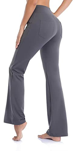 AMDOLE Hose mit weitem Bein für Damen, Stretch, ausgestellte Leggings mit Taschen, hohe Taille, legere Bootcut-Yogahose für Workout, Tanz, grau, XL