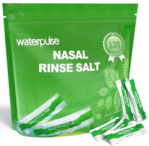 Waterpulse Lot de 120 sachets de solution saline pour Neti Pot et Sinus, solution saline pré-mélangée emballée individuellement, compatible avec système d'irrigation nasale et bouteille compressible