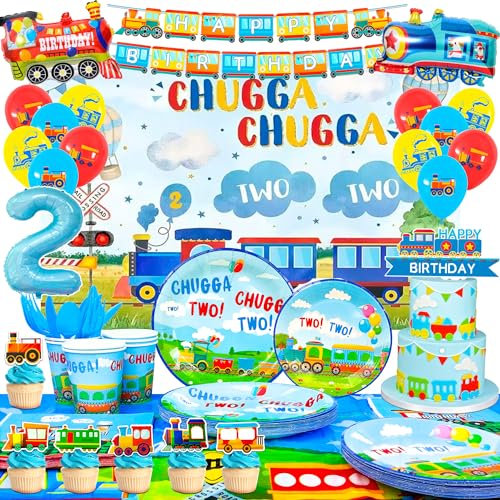 2 Jahre Zug Geburtstag Party Supplies (16 Gäste), 95 Stück Zug Partygeschirr Train Set- Geburtstag Teller Pappteller Banner Tischdeko etc Train Eisenbahn Kinder Deko