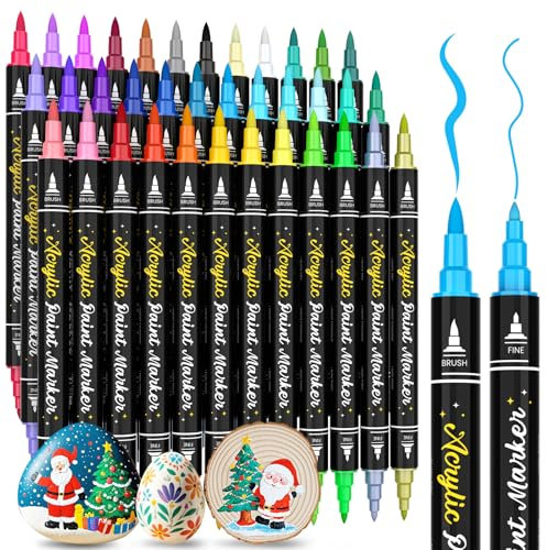APOGO Acrylstifte für Steine Wasserfest, 36 Farben Dual Tip Acrylfarben Set(Feine Spitze & Pinselspitze), Multimarker Acrylic Marker Stifte für Tassen, Steine Bemalen, Keramik