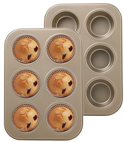 Juego de 2 moldes de acero para 6 magdalenas, bandeja para hornear antiadherente, ideal para magdalenas, magdalenas, tartas y pudín