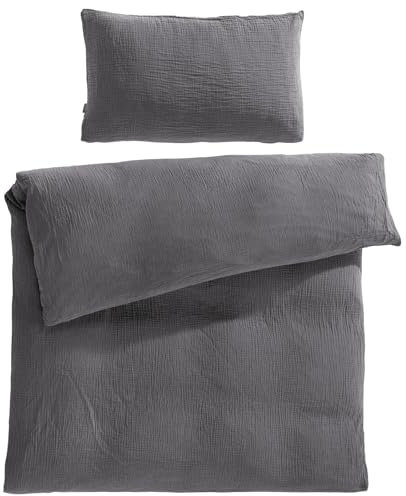 Pure Label Musselin Kinderbettwäsche 100x135 cm mit einem Kissenbezug 40x60 cm aus 100% Baumwolle - Traumhaft weiche, kuschelige Baby Bettwäsche in anthrazit aus Musselin
