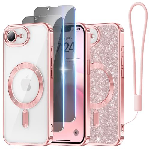 Meifigno for iPhone 16e Case with 2X Privacy Screen Protectors, [Glitter Card & Wrist Strap][Compatible with MagSafe] Surround Lens Protection Designed for iPhone se 4 Case 6.1, Rose Gold