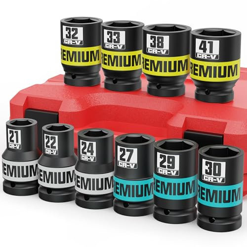Aurlloct 10Pcs 1 Drive Impact Socket Set, 21-41 mm Jumbo Socket, Hex Long Socket Set, Automotive Trucks Car Tires Tractors Engines Repairing DIY Mechanic Tool