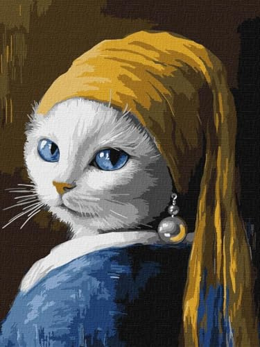 IDEYKA Malen nach Zahlen - Katze mit einem Perlenohrring ©art_selena_ua Malen nach Zahlen für Erwachsene, einfaches Acryl-Malen nach Zahlen für Erwachsene, mit rahmen,DIY als Geschenk, 30x40 cm