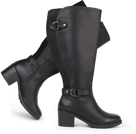 Chicblooms Botas altas de montar para mujer, de caña ancha, con tacón cuadrado y doble hebilla decorada