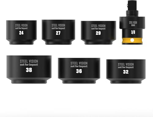 Steel Vision 7-Piece Low Profile Oil Filter Socket Set, 3/8 Drive Oil Filter Cap Removal Tool Kit with 24, 27, 29, 32, 36, 38mm Sockets and Universal Joint Adapter, CR-V Steel
