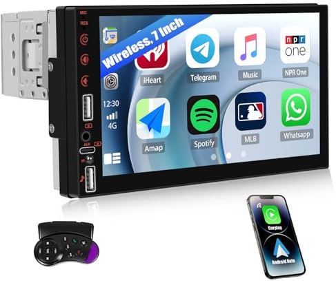 SIXWIN Autoradio 1 DIN 7 Pouces Ecran Carplay Voiture Tactile, 1 DIN Carplay sans Fil & Android Auto intégrés, Autoradio Bluetooth avec Mirror Link, Youtube, Type-C, 2USB, AUX, FM, Commande au Volant