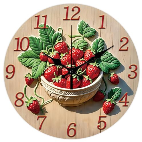 CHGCRAFT 3D Relief Erdbeer Schalenmuster Wanduhr 12 Zoll Tickfreie Uhren Runde Wanduhr Batteriebetrieben für Schlafzimmer Wohnzimmer Küche Büro