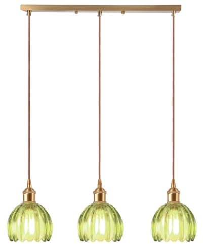 LIGINOK Lampe Suspendue Vintage 3 Lumières Suspension Vintage Lustre Réglable en Hauteur Plafonniers en Verre Vert Fleurs E27 Suspension de Table de Salle à Manger pour Salon Cuisine