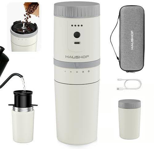 HAUSHOF 8V Kabellose Kaffeemühle Weiß | mit Integrierter Infusion,Manuelles Kit mit Edelstahlfilter und Thermobecher für Reisen, Camping und Outdoor