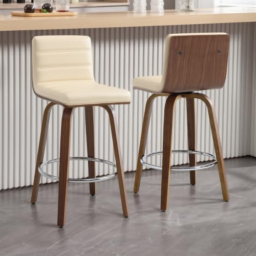 Bekrvio Swivel Counter Height Bar Stools Set of 2 with Back | Mid-Century Modern • Bentwood Frame • Faux Leather Seat • 360° Swivel Design • Heavy Duty 200KG