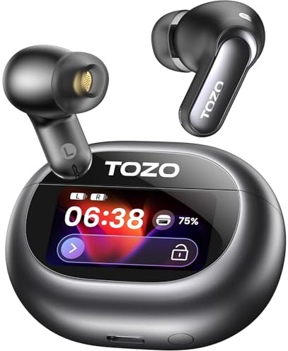 TOZO NC20 Pro Active Noise Cancelling Wireless Earbuds with Smart Touch Screen, LDAC Hi-Res Audio, Stereo Bass, 6 Mics AI Call Ear Buds, 80H Playtime, IPX8 Waterproof, 32 EQ via App, Wireless Charging