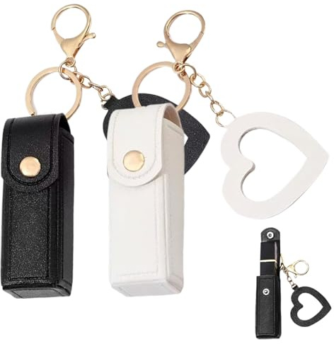 Étui à Rouge à Lèvres 2PCS Porte-Rouge Lèvres avec Miroir en Forme de Coeur PU Baume Porte-clés Manches Portable Petite Pochette pour Femme Fille, Décor