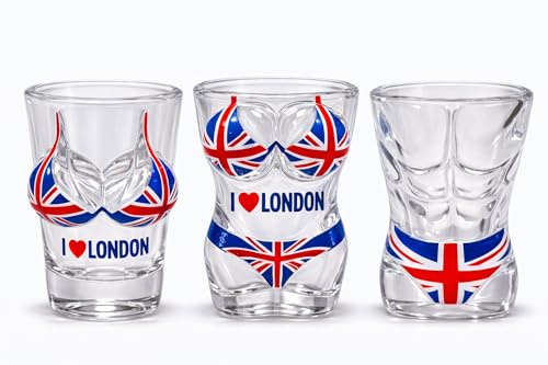 London Souvenir Schnapsglas 3er Set - 30ml Neuheit Union Jack Body Design Gläser - I Love London Tourist Party Shooter Glass Collection (LDN 3 Set)