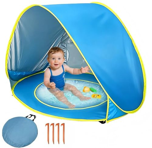 SKIKHN Tienda Playa Bebe Pop up, Tienda de Playa con Mini Piscina, Carpa Plegable Portátil para Playa Protección UV 50+, Refugio de Playa para Bebé para Playa y Parque (120 x 80 x 70 cm)
