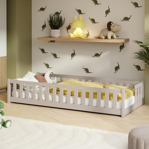 Kids Collective Kinderbett Bodenbett mit Rausfallschutz & Lattenrost Montessori Bett Bed Gitterbett Kinder Jugendbett Einzelbett | 80x160 cm | Kaschmir