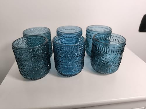 Bicchieri, set 6 pezzi, Design Elegante con Motivo in Rilievo, Stile Moderno, per Acqua e Bevande. Possibilità di scelta tra 3 colori: grigio fume', blu e verde (blu)