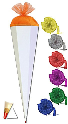 Schultüte - Rohling - Weiß/Orange - 85 cm - incl. Schleife - mit Holzspitze/Filzabschluß - Zuckertüte Roth - zum Basteln, Bemalen und Bekleben Bastelschul..