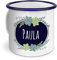 printplanet Emaille-Tasse mit Namen Paula - Metallbecher mit Design Flowers - Nostalgie-Becher, Camping-Tasse, Blechtasse, Blau