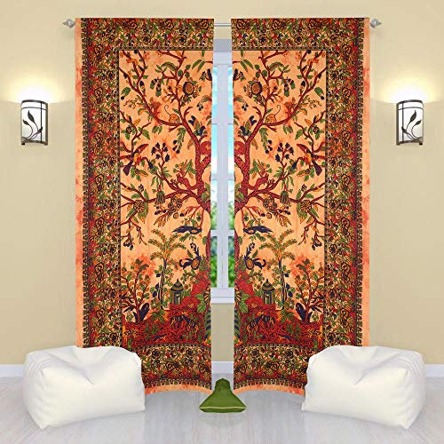 THE ART BOX Fenstervorhänge Indische Fenstervorhänge 2er-Set Tapisserie-Fenstervorhänge Hängende Volants für Fensterraumteiler (gelber Baum, 50 x 75 Zoll oder 127 x 190 cm)