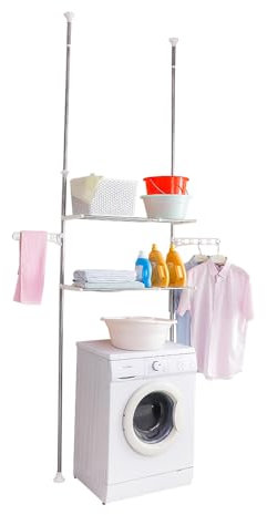 Hershii Teleskop Badregal mit 2 Ablagen Standregal für die Toilette Organisation über der Waschmaschine mit 2 Kleiderbügeln, Verstellbares Ordnungssystem Keine Bohrung, Elfenbein