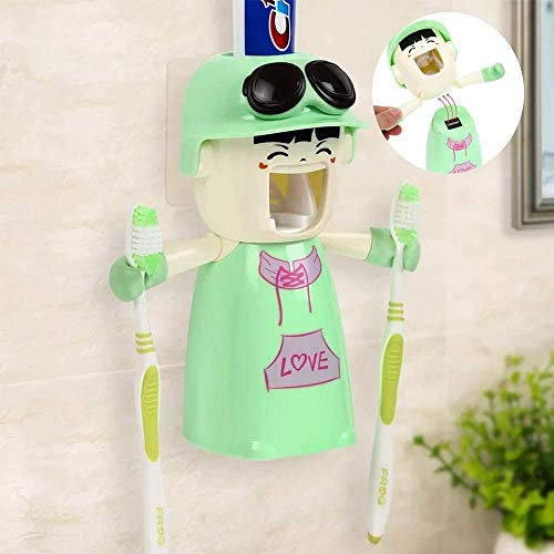 Kinder Zahnbürstenhalter mit Tasse, Nette Hände geben Zahnpastaspender frei Kinder automatischer Karikatur-Zahnpasta-Squeezer-Kasten, Wand-Bad-Kit Leicht zu reinigen (Grün)