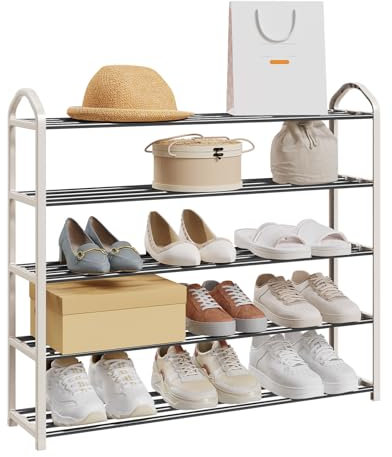 eSituro Schuhregal mit 5 Ebenen leichte Schuhablage für 15-20 Paar Schuhe aus PP-Kunststoff Metall Schuhschrank in Eingang Flur,Creme