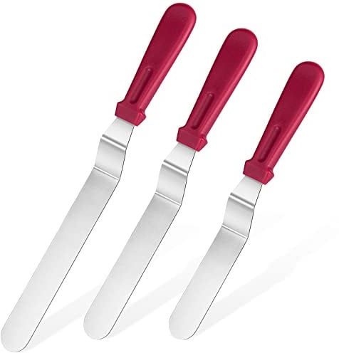 U-Taste Spatule Coudee Patisserie Lot de 3, Glaçage Gâteaux Spatule Décalée en Acier Inoxydable 18/0 avec Poignée en Plastique PP, Lame de 15 cm/20 cm/25 cm (Rouge)