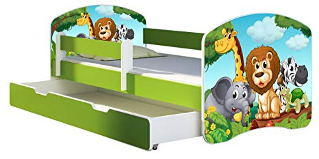 ACMA Kinderbett 160x80 Jugendbett mit Einer Schublade und Matratze, Farbe Grün, Rausfallschutz Lattenrost II Spielbett Kinderzimmer Möbel, 02 Animals