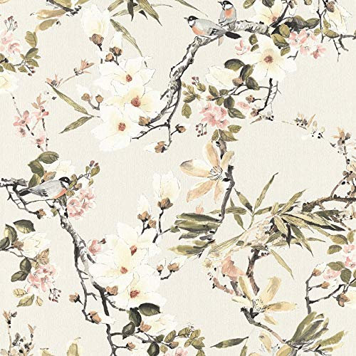 Papier peint cerisier japonais | Papier peint fleurs et oiseaux 36498-2 | Papier peint japonais fleurs crème | Papier peint intissé chambre