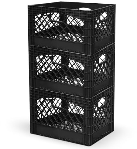 Juggernaut Storage 3-Pack 24-Quart Heavy-Duty Plastic Stackable Milk Crates with Handles, Black – Open Bin Basket Organizers for Home, Office, Dorm, and Car Organization