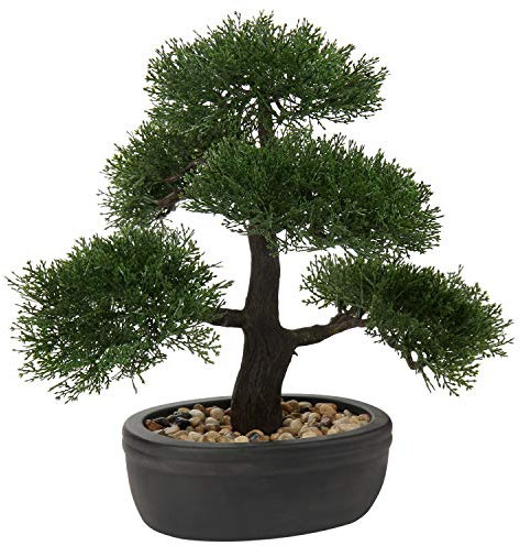 Kunstbonsai Naturgetreue Künstliche Pflanze Kunstbaum Bonsai Zeder Kiefer Podocarpus Plastik Pflanze Kunstpflanze mit Keramik-Übertopf in Schwarz für Baddeko Desktop Büro Fensterbank