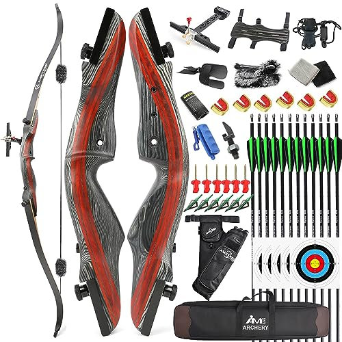AMEYXGS 62 Takedown Recurve Bogen und Pfeil Set für Erwachsene Anfänger 20-50lbs Langbogen Jagdbogen Bogenschießen Holzbogen Rechte Hand (25lbs)