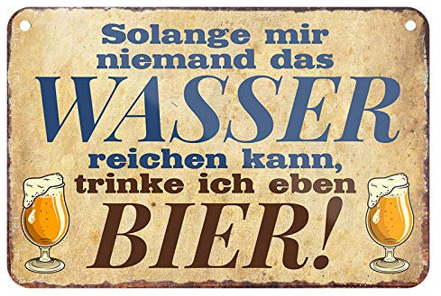 Bier Blechschild - witziges Metallschild mit Kordel und Saugnapf - lustiges Schild für Biertrinker und Genießer - Hängeschild Deko für Küche Wirtshaus Biergarten Kneipe Pub Bar - 18x12cm
