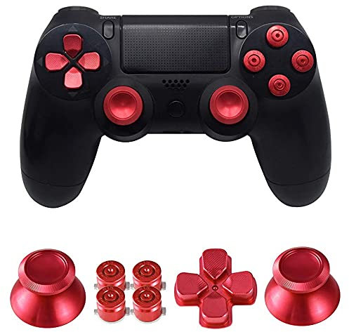 MMOBIEL Metal Bullet Buttons for Playstation 4 PS4, PS4 Slim, PS4 Pro Dualshock 4 Aluminum Metal Thumbsticks, Replacement D-Pad for Playstation 4 Controller Incl. Screwdriver Red