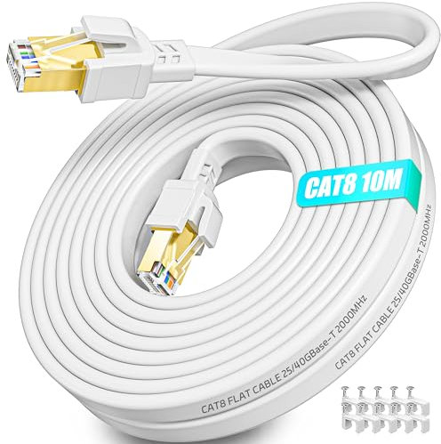 LAN Kabel 10 Meter Cat 8, Netzwerkkabel 10m Flach 40Gbps Hochgeschwindigkeits Ethernet Kabel Geschirmt 2000MHz Internetkabel 10m Weiß RJ45 Gigabit Patchkabel für Modem Router Switch