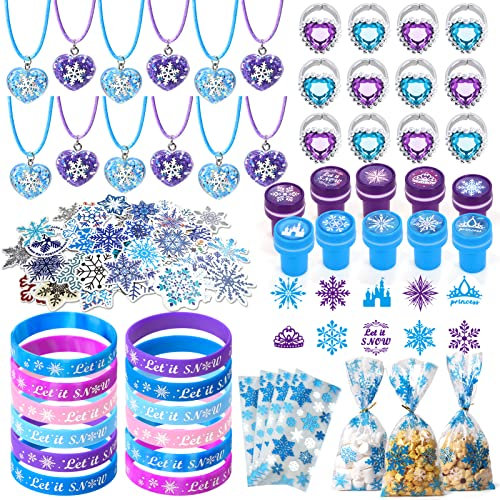 130 Stück Frozen Party Geburtstag Geschenk Mädchen Prinzessin Halskette Schneeflocke Armband Silikon Ring Krone Schloss Stempel Aufkleber Frozen Prinzessin Gefälligkeiten Zubehör Geschenk Tasche