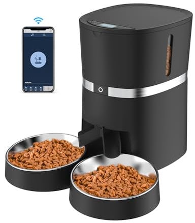 WellToBe Smart Futterautomat Katze & Hund, WiFi Automatischer Futterspender für 2 Katze, Pet Feeder mit Timer, Ton-Aufnahmefunktion, App-Steuerung, Portion, zu 6 Mahlzeiten am Tag (Schwarz)