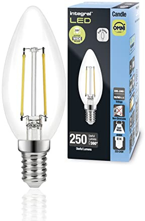 Integral LED 4 PACK E14 Omni-Filament Kaltweiß 4000K, 250LM, 2W (entspricht 25W) Nicht dimmbare Kerzenlampe - Energieeffizient & Ideal für Lampen & Kronleuchter im Wohnzimmer Esszimmer & Schlafzimmer