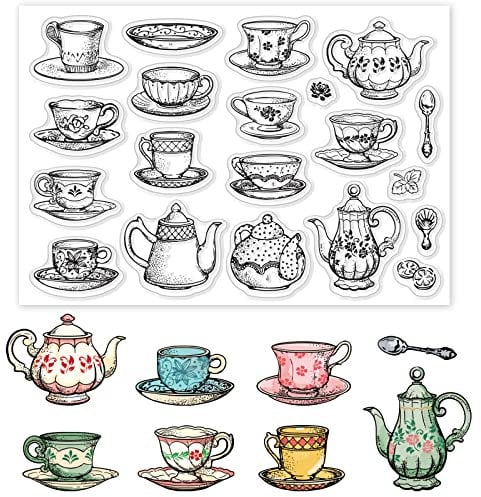 GLOBLELAND Tea Coffee Cups Clear Stamps Afternoon Tea Teapot Silicone Clear Stamps Seal for DIY Scrapbooking and Card Making Paper Craft Decor