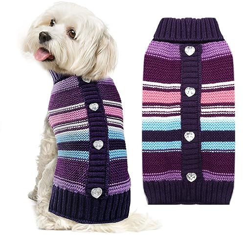 ABRRLO Kleiner Mittelgroßer Großer Hundepullover, Kälteschutz-Strickbekleidung, gestreifter klassischer Rollkragenpullover, Dicke warme Kleidung für Chihuahua, Bulldogge, Dackel, Mops, Yorkie,L