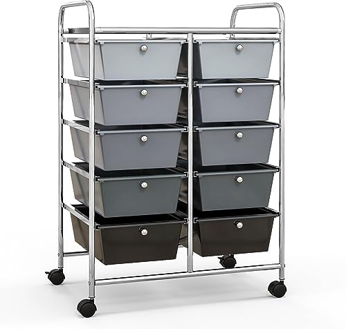 KOMFOTTEU Rollwagen mit 10/15 Schubladen stapelbar, Badrollwagen Rollcontainer mit Metallrahmen, Allzweckwagen Haushaltswagen Beistellwagen für Bad & Küche (Grau,10 Schubladen)