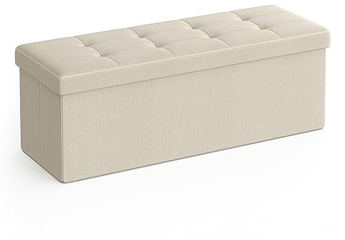 SONGMICS MAZIE Collection - Storage Ottoman Bench, 110 cm Folding Foot Rest Stool, End of Bed Bench, Easy Assembly, for Living Room, Bedroom, Entryway, Cream White LSF077W51
