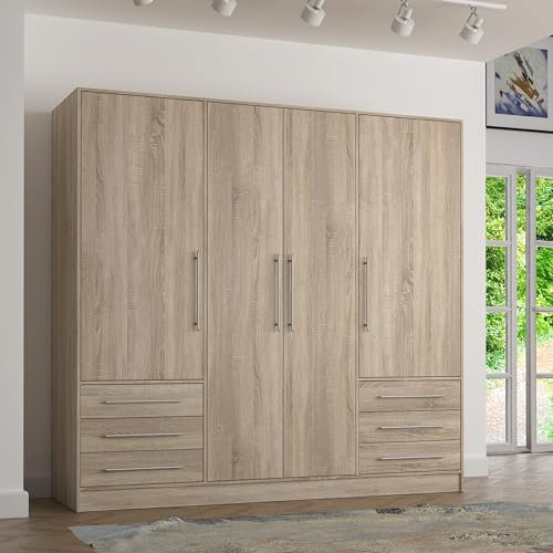 FORTE Jupiter Schrank 200 210, Kleiderschrank, Drehtürenschrank, 4-türig, mit 6 Schubladen und Einlegeböden, Holz Dekor: Sonoma Eiche, 206.5 cm breit x 60 cm tief x 200 cm hoch