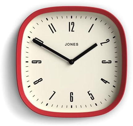 JONES CLOCKS® Marvel wanduhr | Retro abgerundete quadratische Uhr | 25cm | Rot | Cooler designerlook für küche, Wohnzimmer oder büro